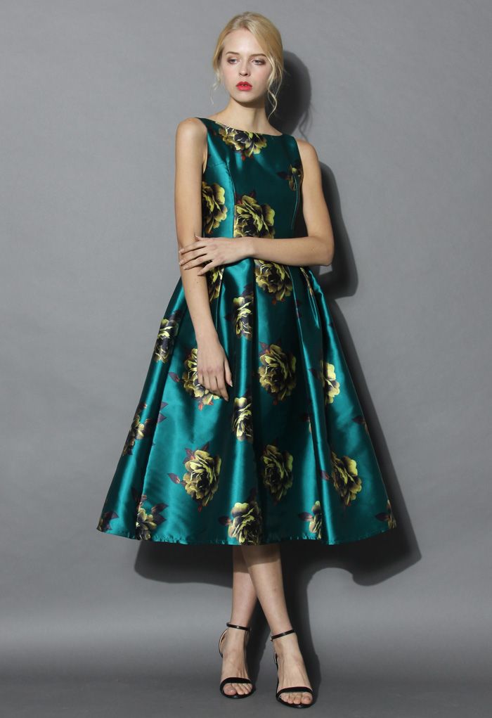Peonies Print Prom Dress in Emerald