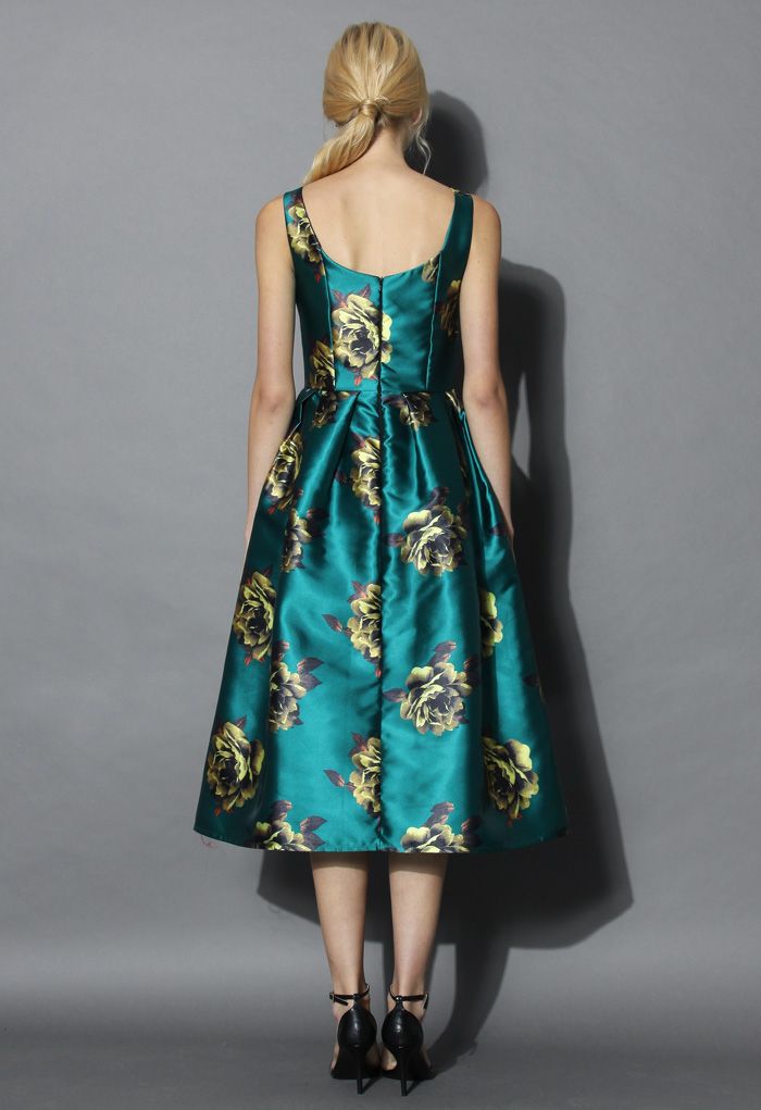 Peonies Print Prom Dress in Emerald
