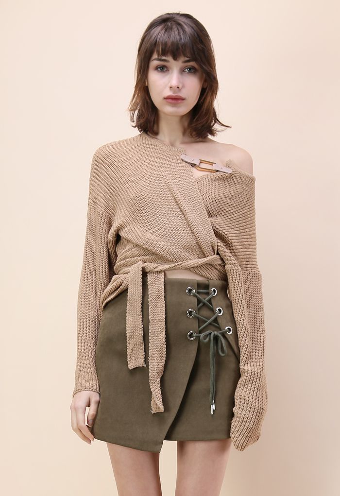 Knit Your Zeal Wrapped Top in Light Tan 