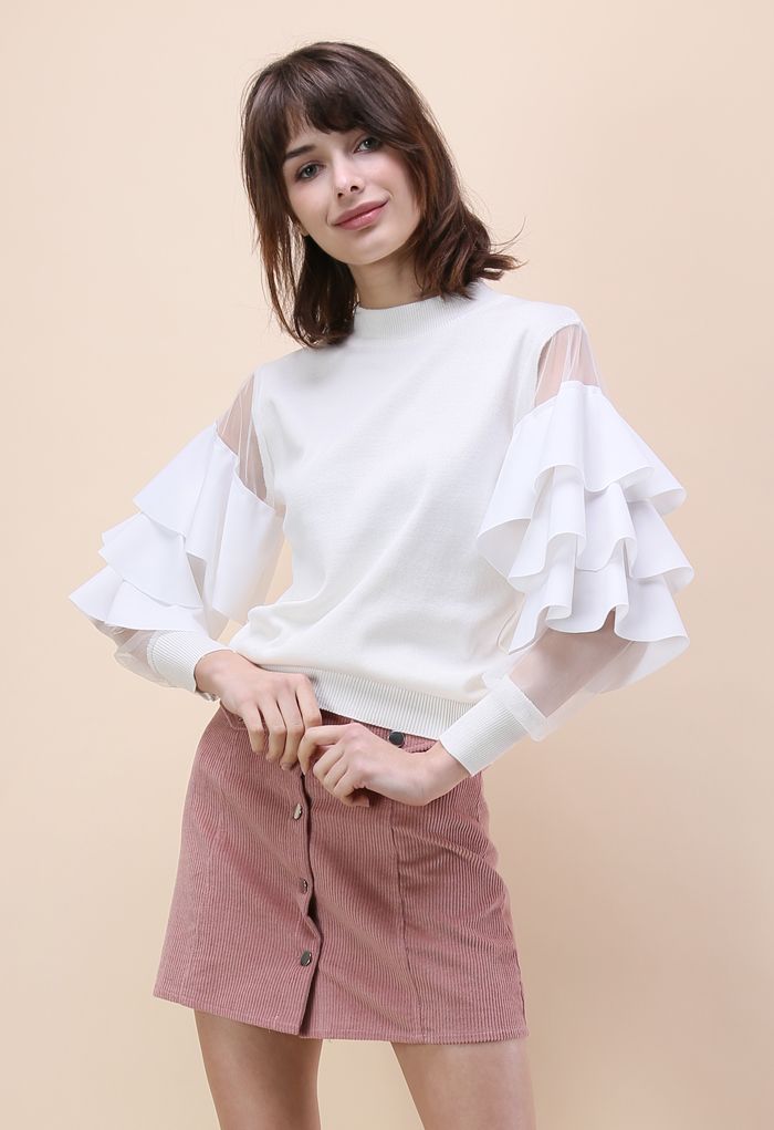 Pure Pleasure Smock Top with Tiered Flare Sleeves in Ivory