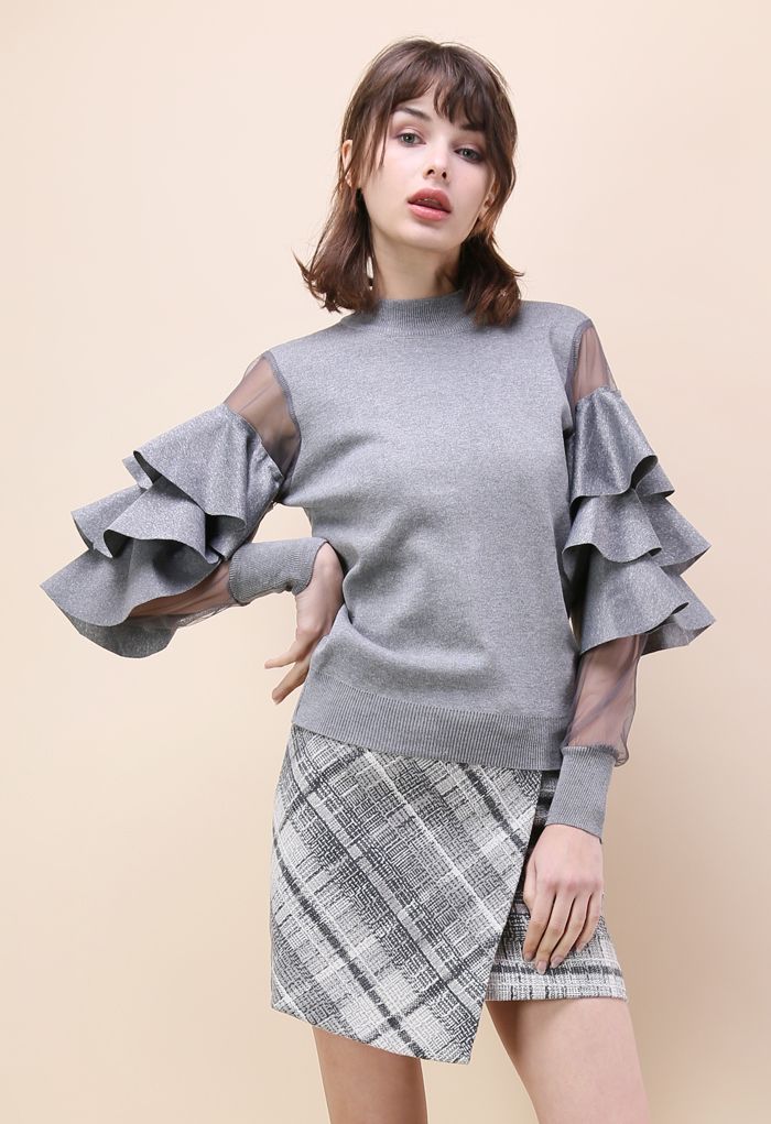 Pure Pleasure Smock Top with Tiered Flare Sleeves in Grey