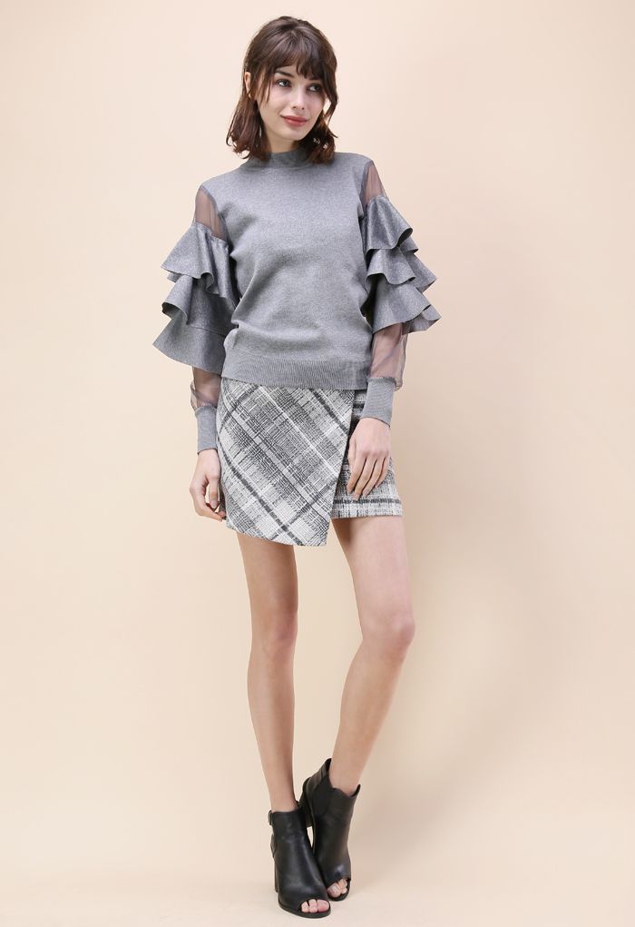 Pure Pleasure Smock Top with Tiered Flare Sleeves in Grey