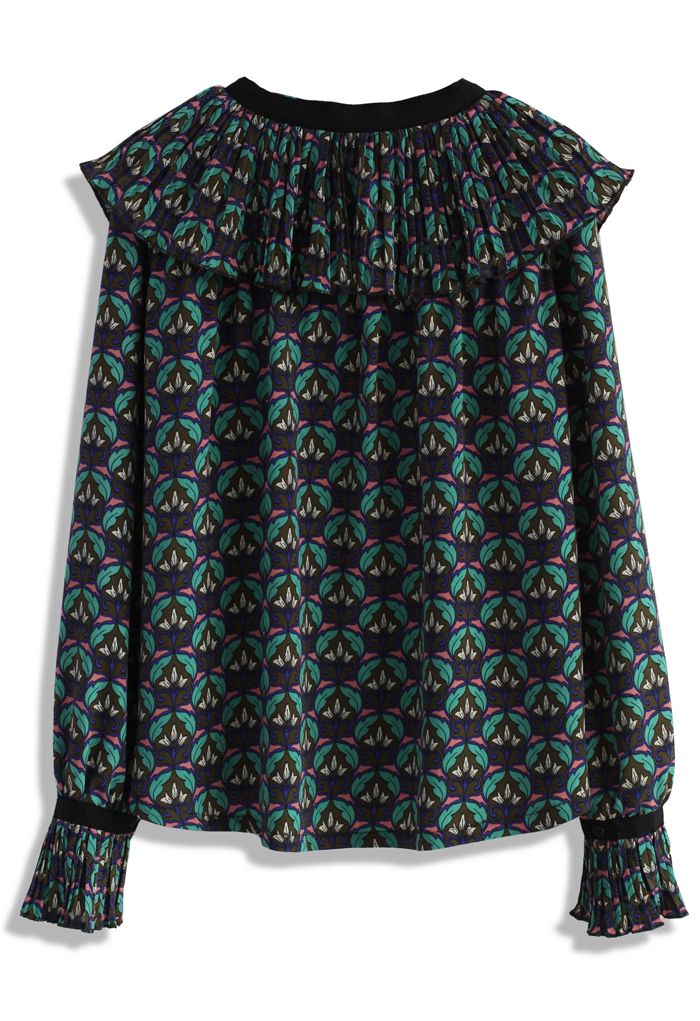 Retro Patterned Top with Accordion Pleats