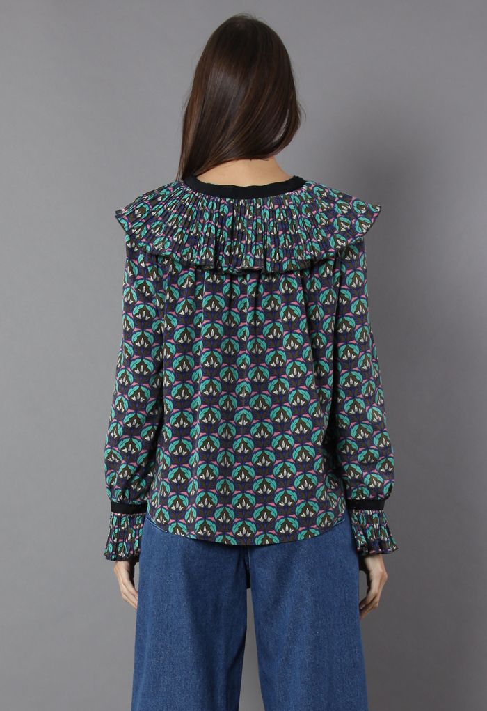 Retro Patterned Top with Accordion Pleats