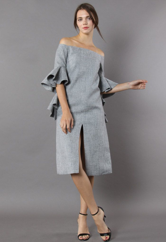 Classy Grey Twill Dress with Frilling Sleeves