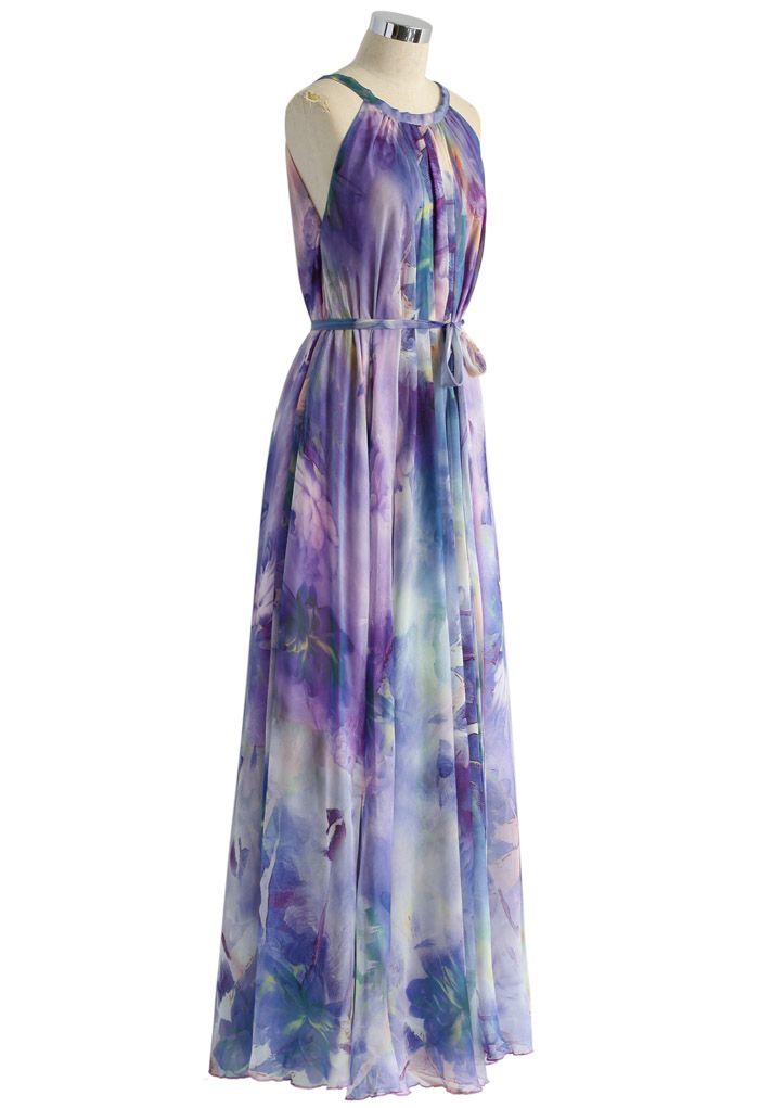 Floral Watercolor Maxi Slip Dress in Violet