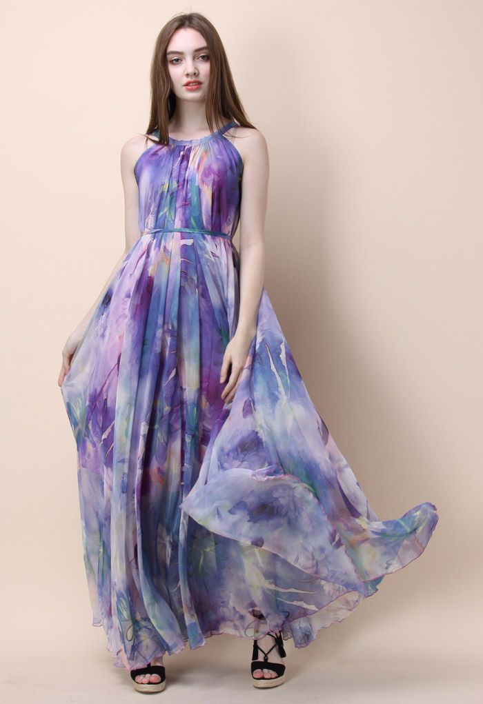 Watercolor Maxi Slip Dress Violet - Retro, Indie and Unique Fashion