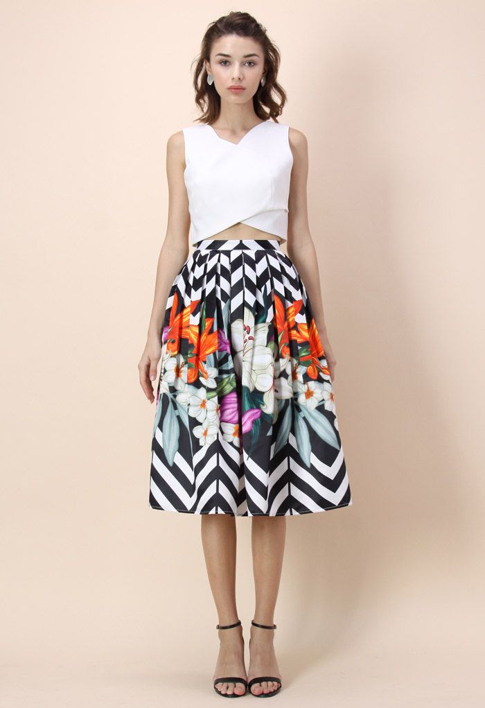 Zigzag Bouquet Printed Midi Skirt
