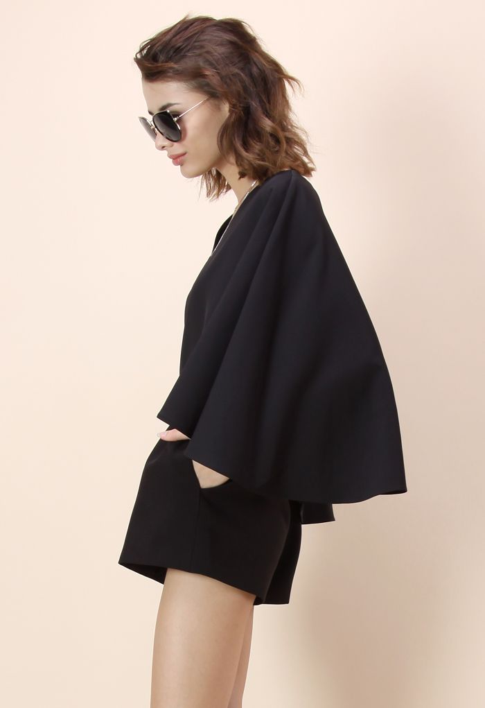 Show Your Charm Black Playsuit with Cape Sleeves  