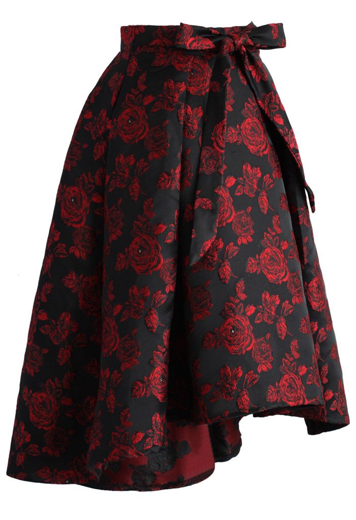 Dashing Rose Embossed Waterfall Skirt in Red