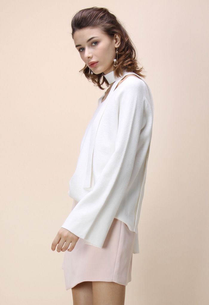 Soft Bell Sleeves V-neck Sweater in White