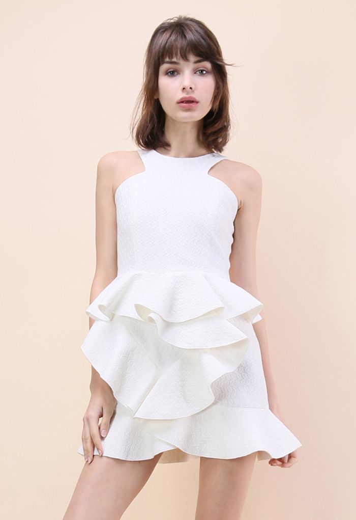 Tiered Pep Ruffle Hem Dress in White