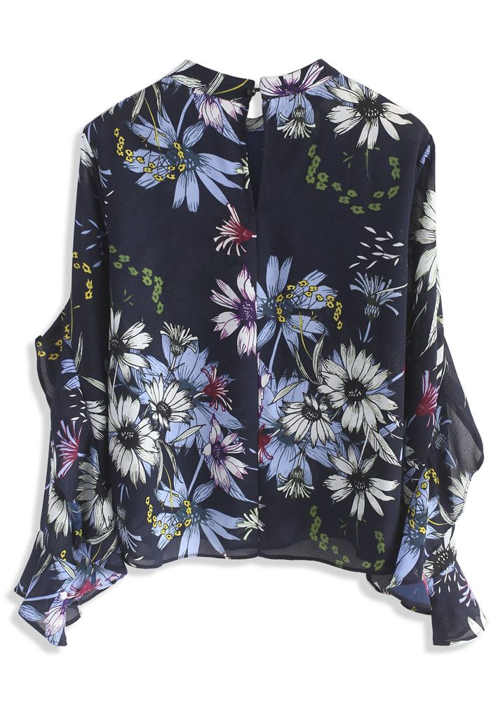 Floral Concerto  Chiffon Top in Navy