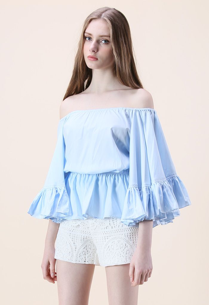 For the Frill of It Off-shoulder Top in Blue - Retro, Indie and Unique ...