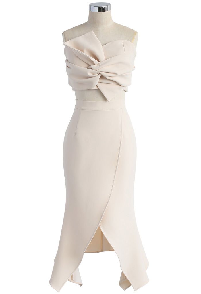 Sweet Knot Bustier Top and Flap Skirt Set in Beige