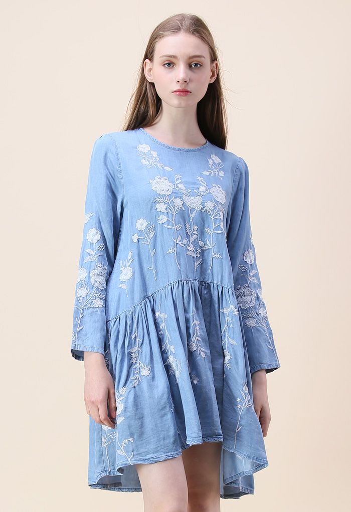Artless Flowers Embroidered Dress in Chambray
