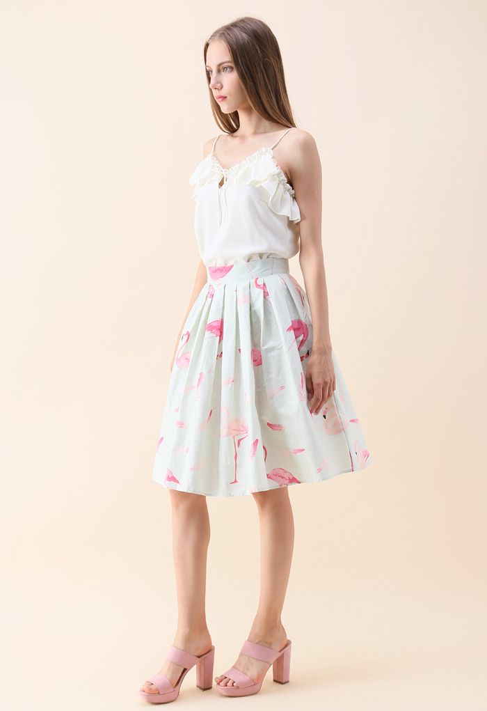 Refreshing Flamingo Pleated A-line Skirt in Mint  