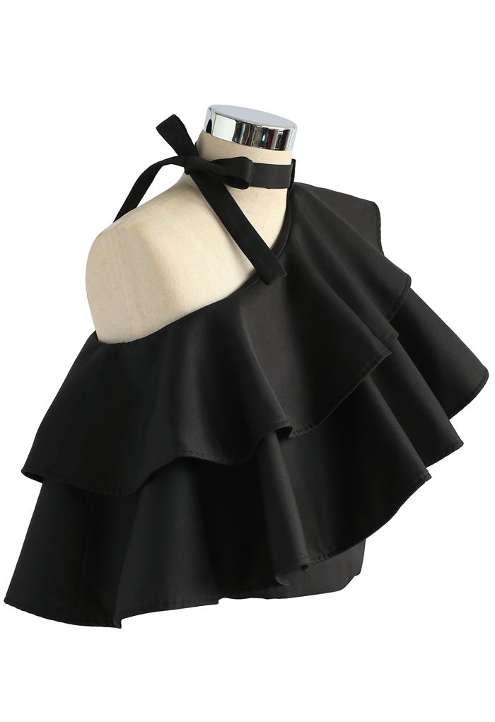 Ritzy One-shoulder Ruffled Crop Top in Black
