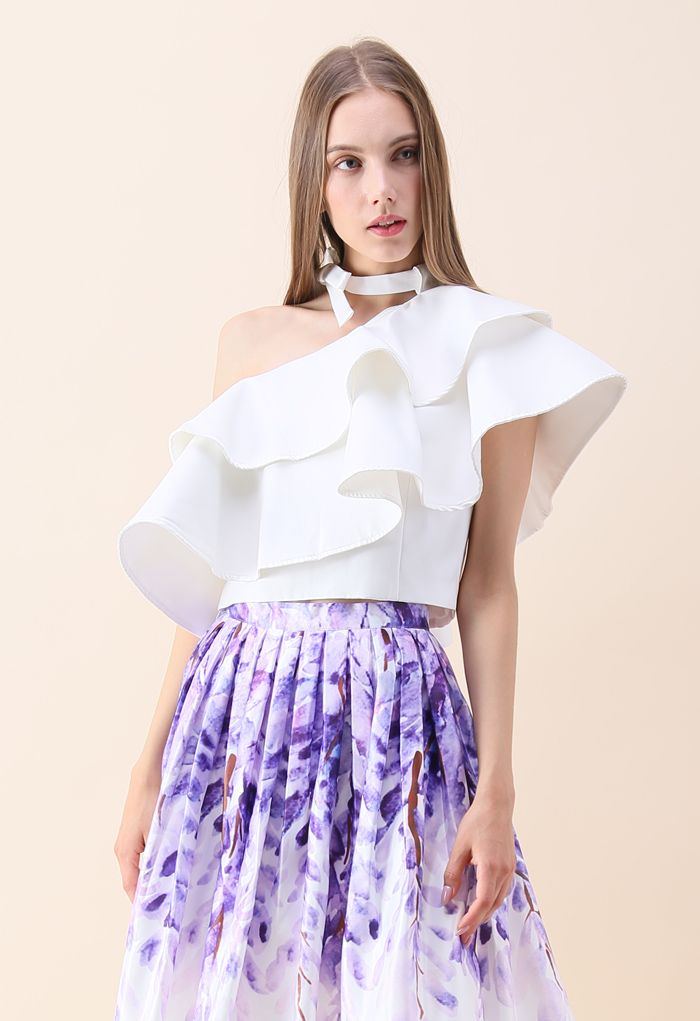 Ritzy One-shoulder Ruffled Crop Top in White