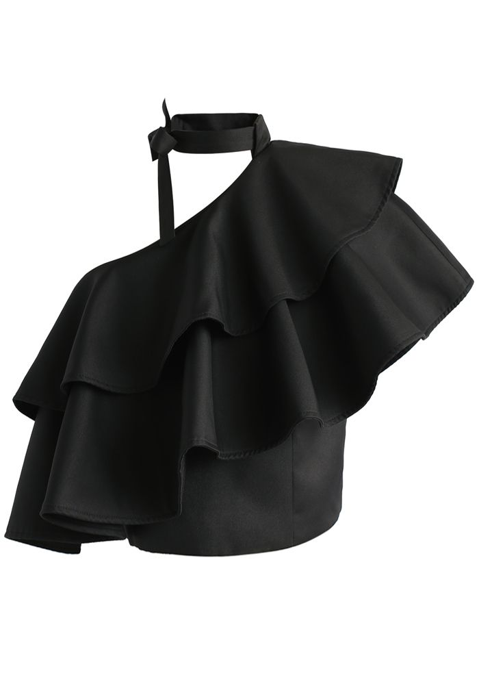 Ritzy One-shoulder Ruffled Crop Top in Black