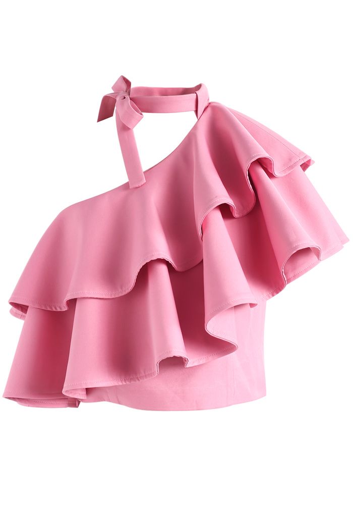 Ritzy One-shoulder Ruffled Crop Top in Pink - Retro, Indie and Unique ...