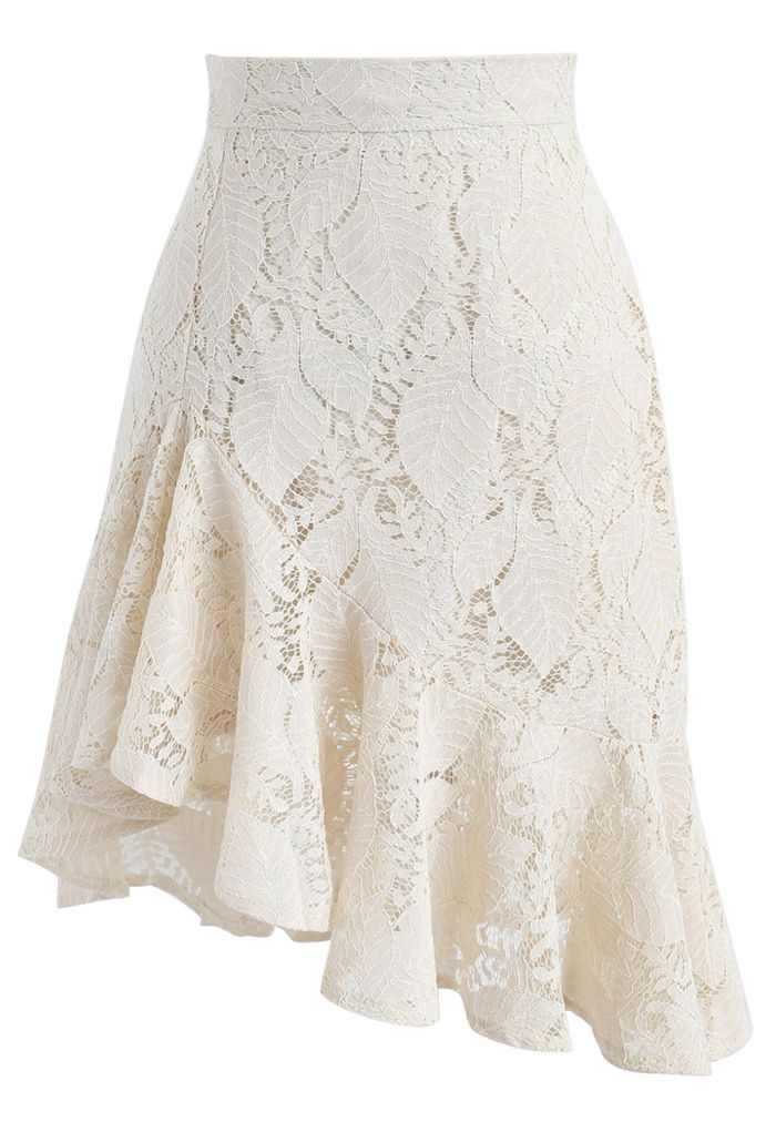 Paradisiacal Asymmetric Frill Hem Lace Skirt in Ivory - Retro, Indie ...