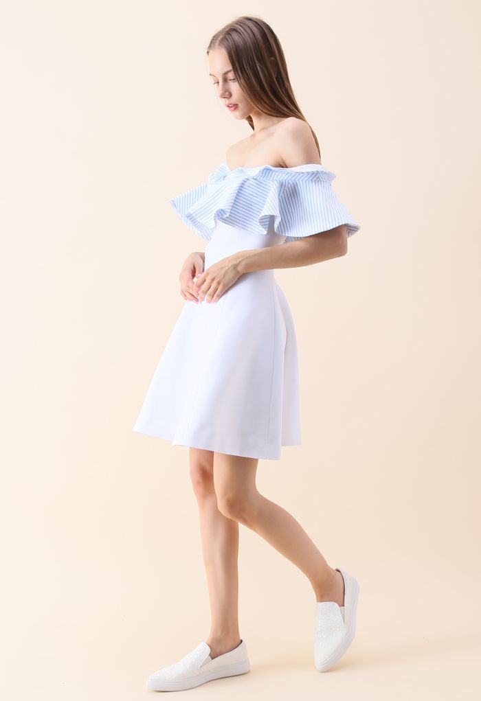 Nifty Breeze Off-shoulder Dress in Blue Stripe - Retro, Indie and ...