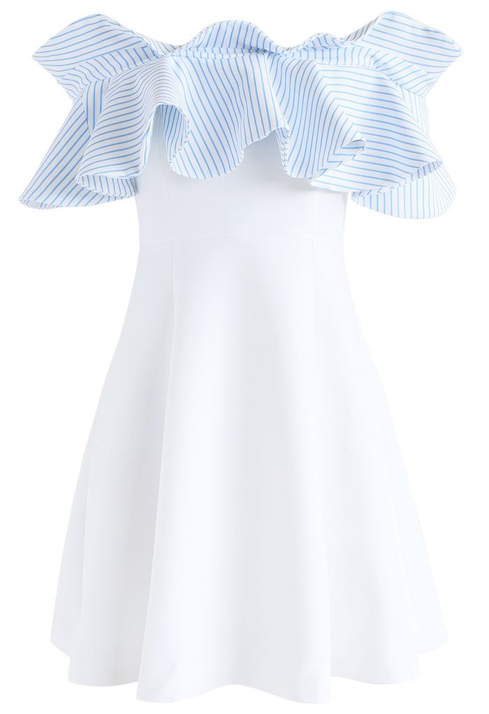 Nifty Breeze Off-shoulder Dress in Blue Stripe