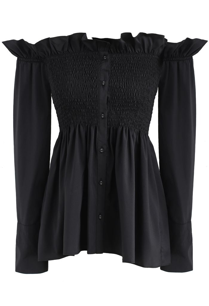 Stylish Sweetheart Ruffle Off-shoulder Top in Black - Retro, Indie and ...
