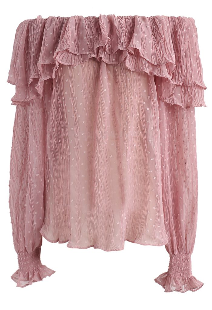 So Darling and Dotted Sheer Off-Shoulder Top in Pink