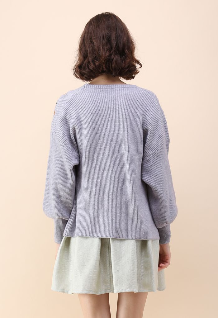 Floral Song Embroidered Knit Cardigan in Grey