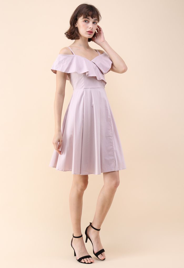 Appealing Sweet Frilling Cold-Shoulder Flap Dress in Pink