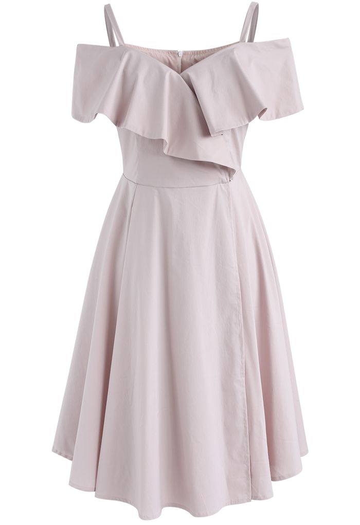 Appealing Sweet Frilling Cold-Shoulder Flap Dress in Pink - Retro ...