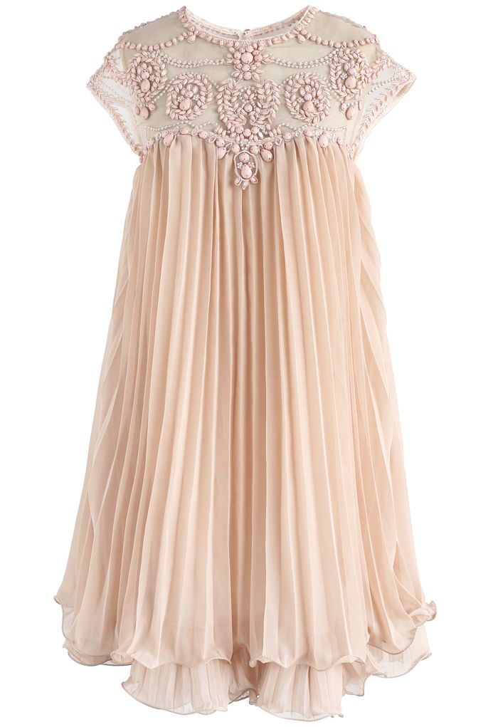 Beads Embellished Pleated Dolly Dress in Nude Pink