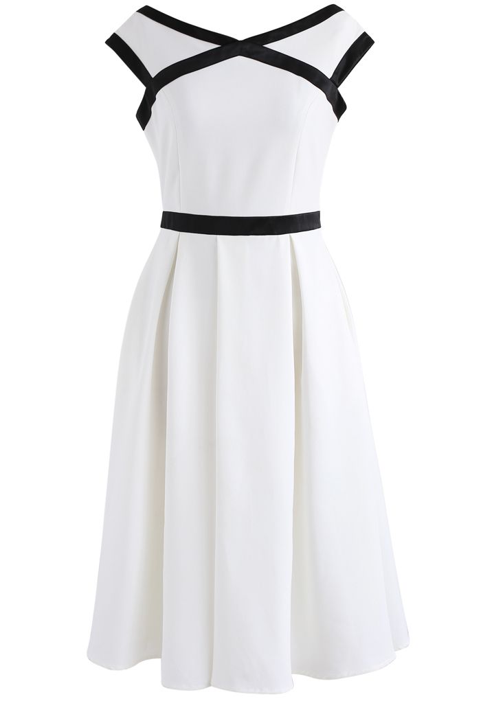 Contrast Refinement Flare Dress in White - Retro, Indie and Unique Fashion