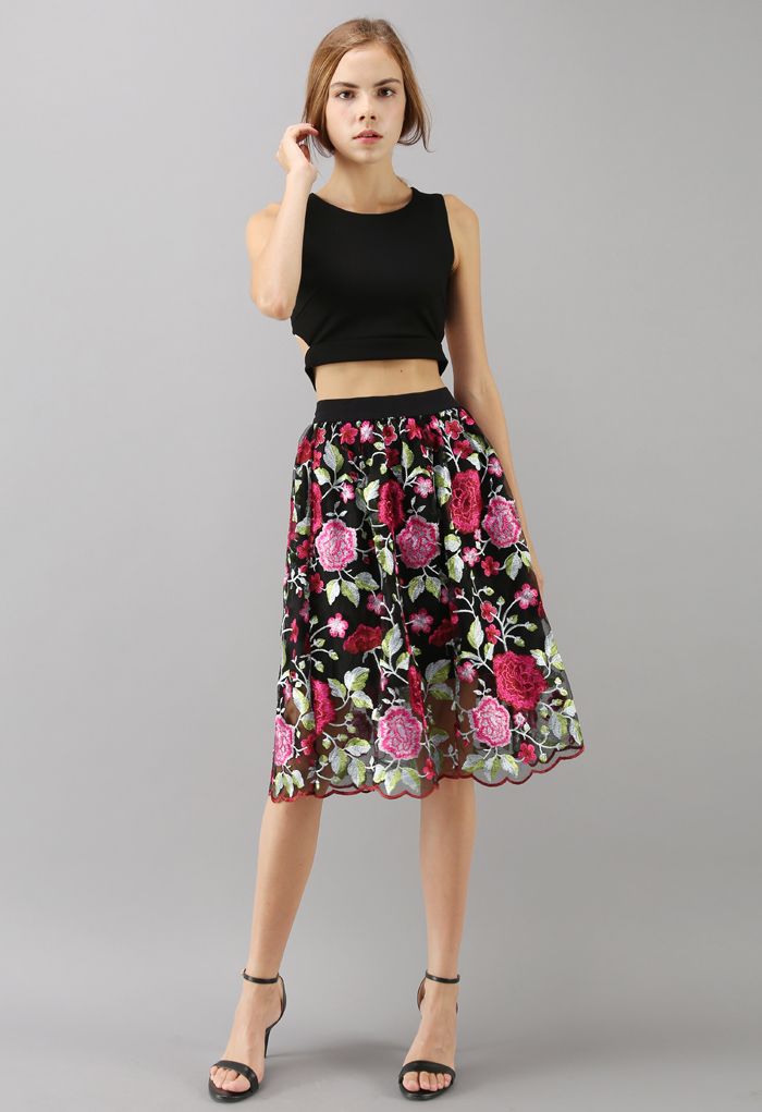 Showy Peony Embroidered Mesh Skirt in Black
