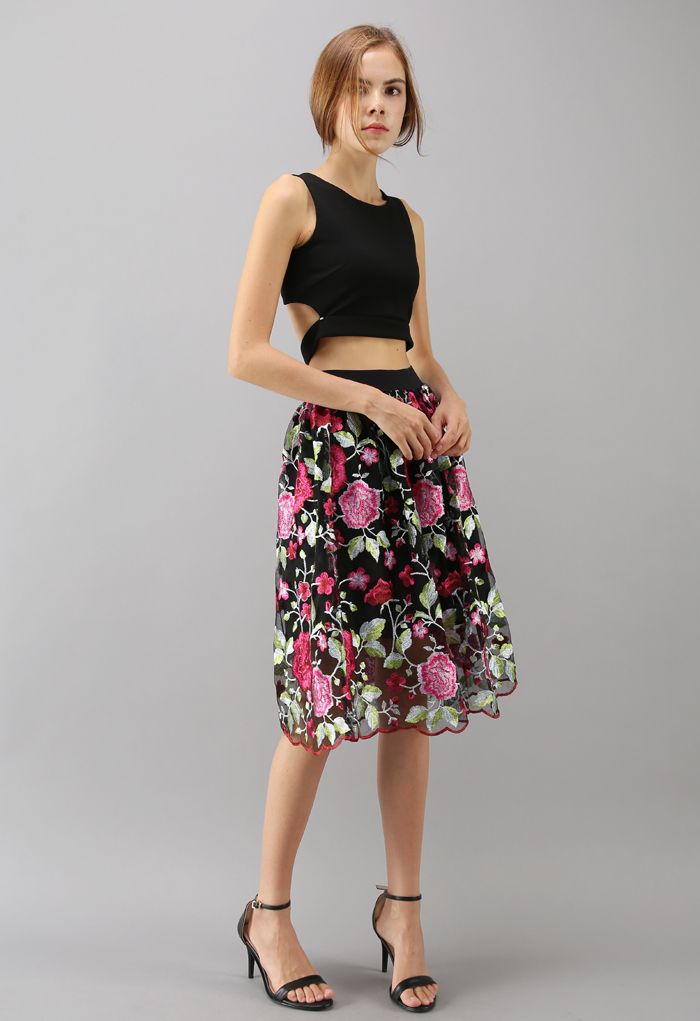 Showy Peony Embroidered Mesh Skirt in Black - Retro, Indie and Unique ...