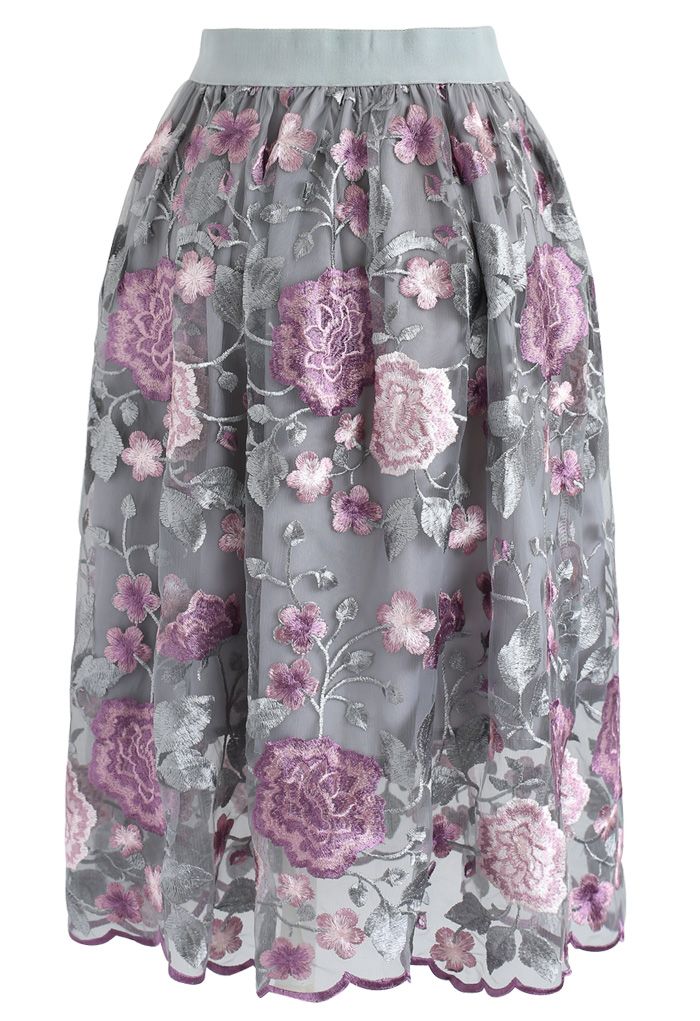 Showy Peony Embroidered Mesh Skirt in Grey - Retro, Indie and Unique ...