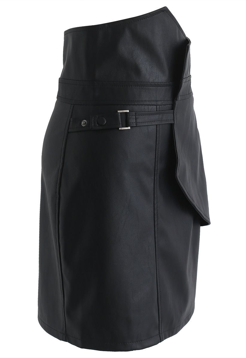 Wild Charm Flap Faux Leather Skirt in Black 