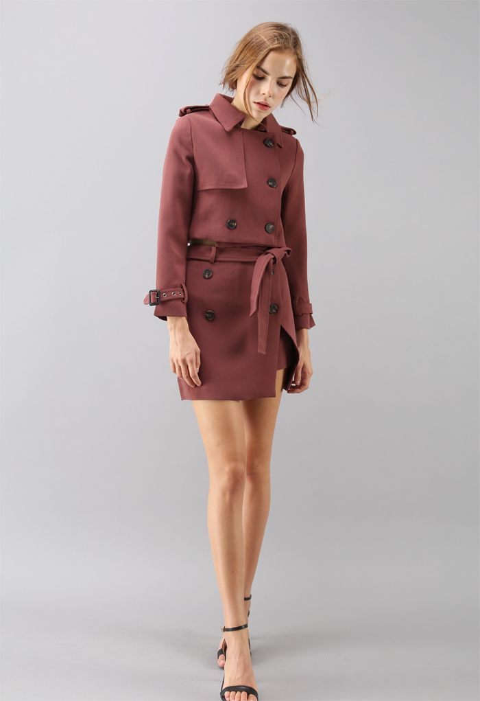 Urban Double-breasted Cropped Jacket and Skirt Set in Berry