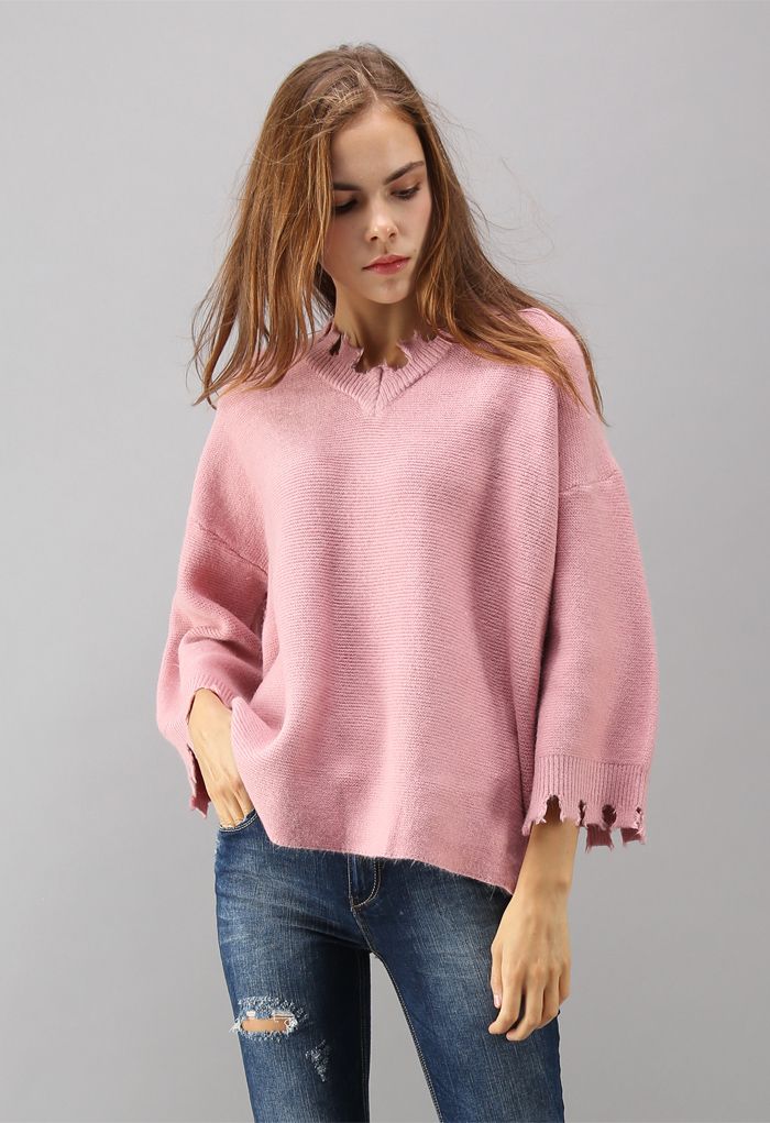 Free to Go Frayed Sweater in Pink - Retro, Indie and Unique Fashion
