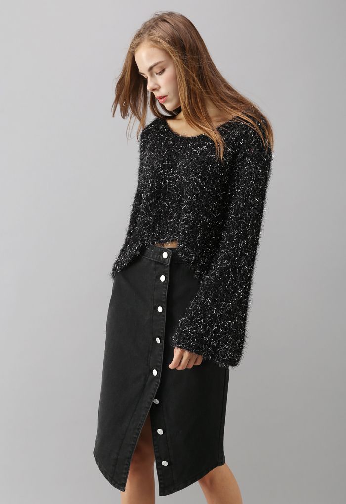 Twinkling Fluffy Cropped Sweater in Black - Retro, Indie and Unique Fashion