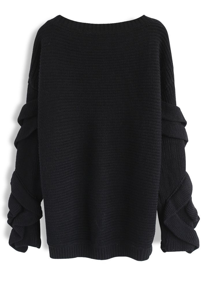 Charm to Meet You Ruffle Sleeves Ribbed Sweater in Black