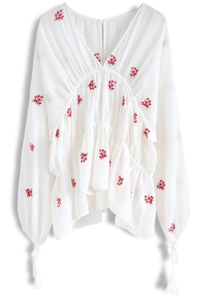 Floating Red Florets Boho Embroidered Top in White - Retro, Indie and ...
