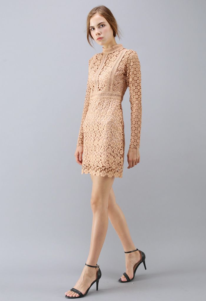 Ladylike Floral Crochet Panelled Shift Dress in Tan
