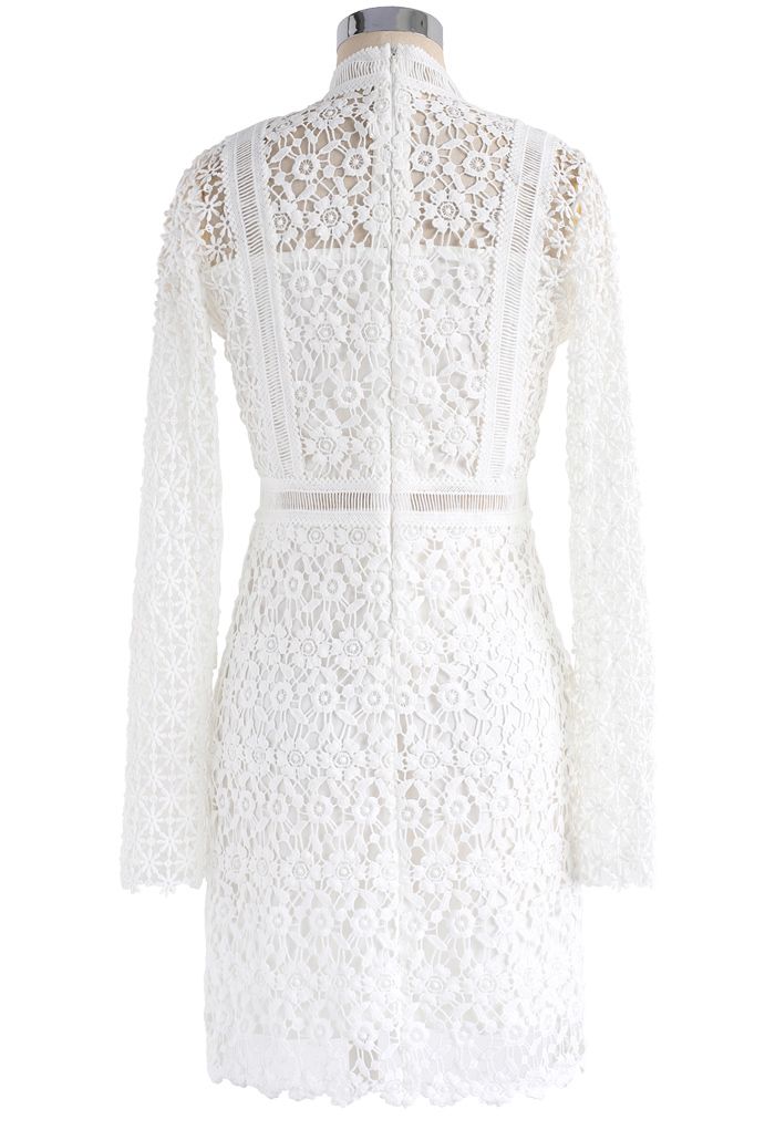 Ladylike Floral Crochet Panelled Shift Dress in White