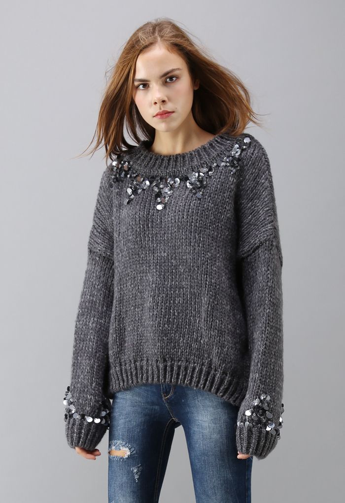Focus on Sparkle Sequin Knit Sweater in Smoke