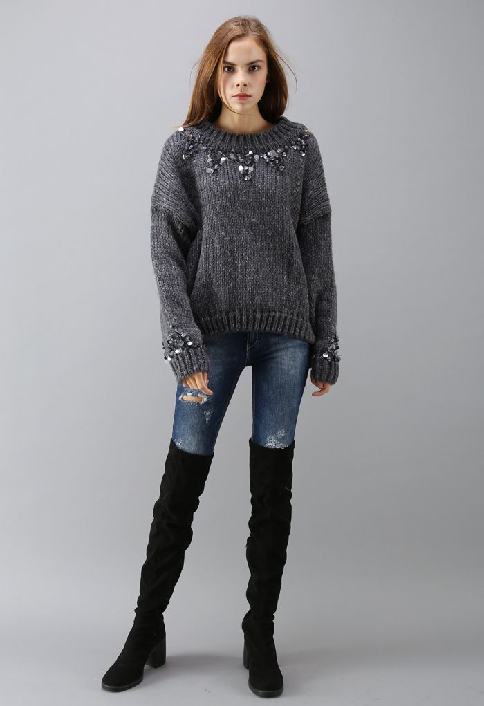 Focus on Sparkle Sequin Knit Sweater in Smoke