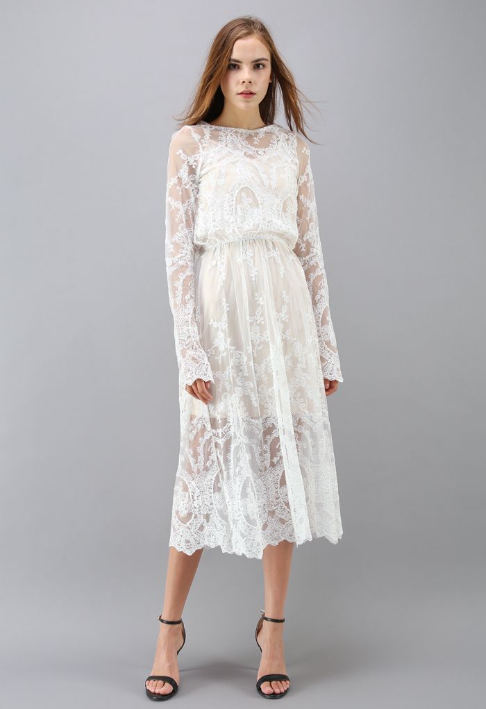 The Joy of Embroidery Mesh Midi Dress in White