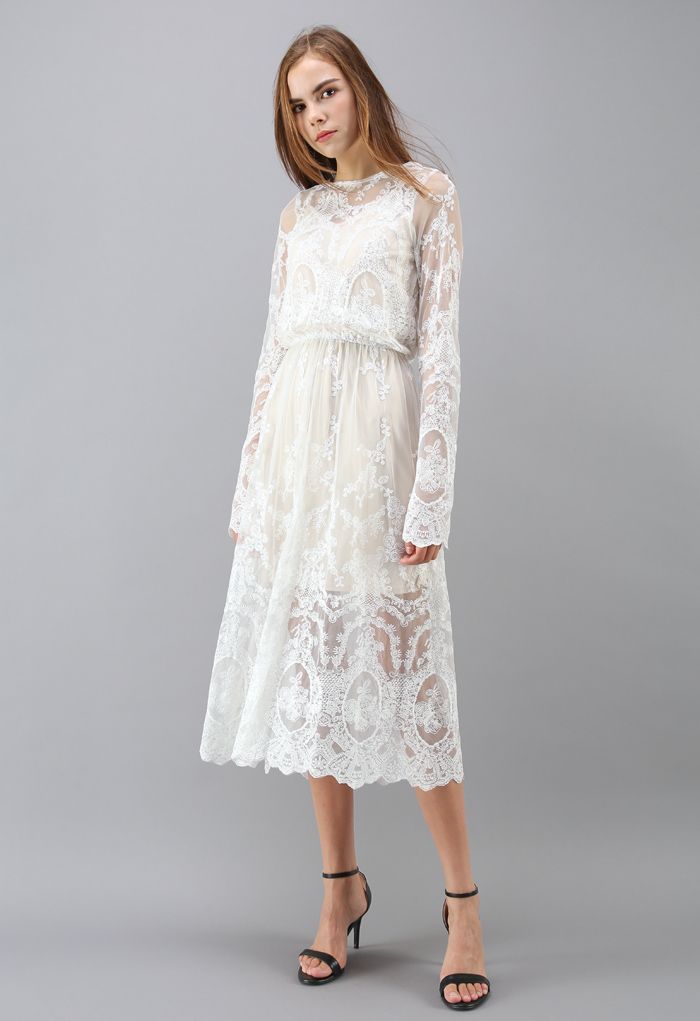 The Joy of Embroidery Mesh Midi Dress in White - Retro, Indie and ...
